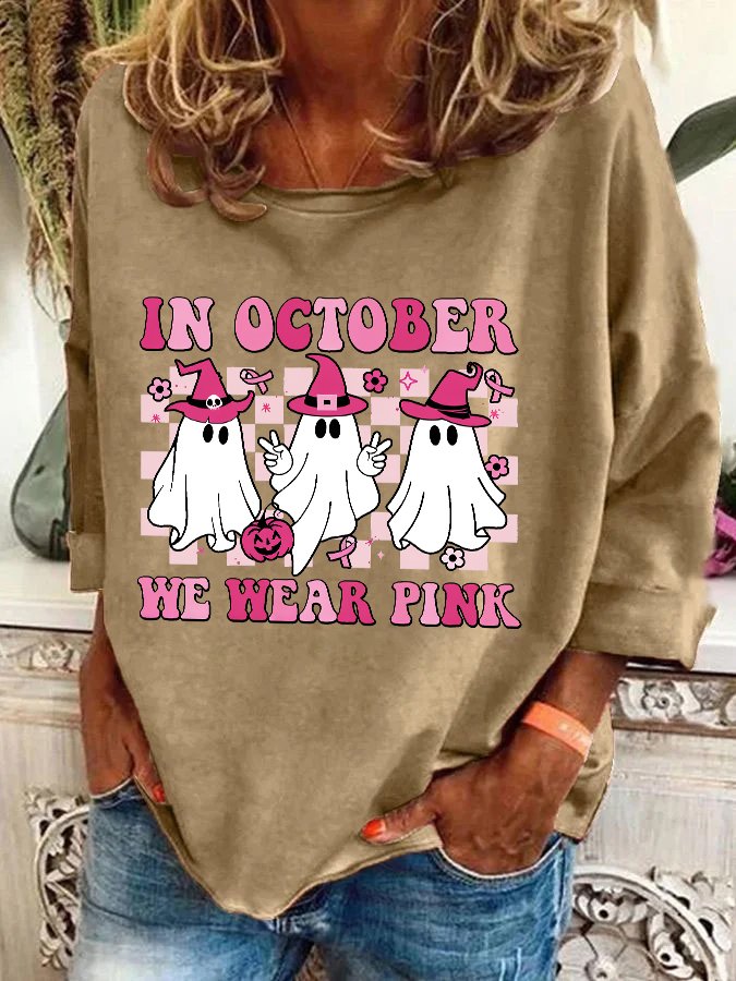 In October We Wear Pink Wizard Ghosts Breast Cancer Awareness Halloween Casual Sweatshirt