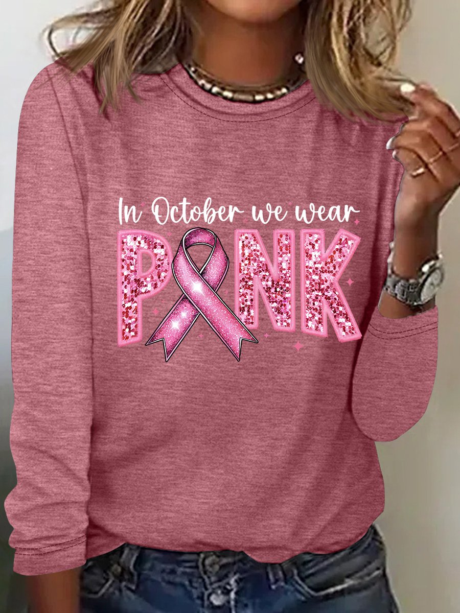 In October We Wear Pink Embroidery Breast Cancer Awareness Casual Long Sleeve Shirt