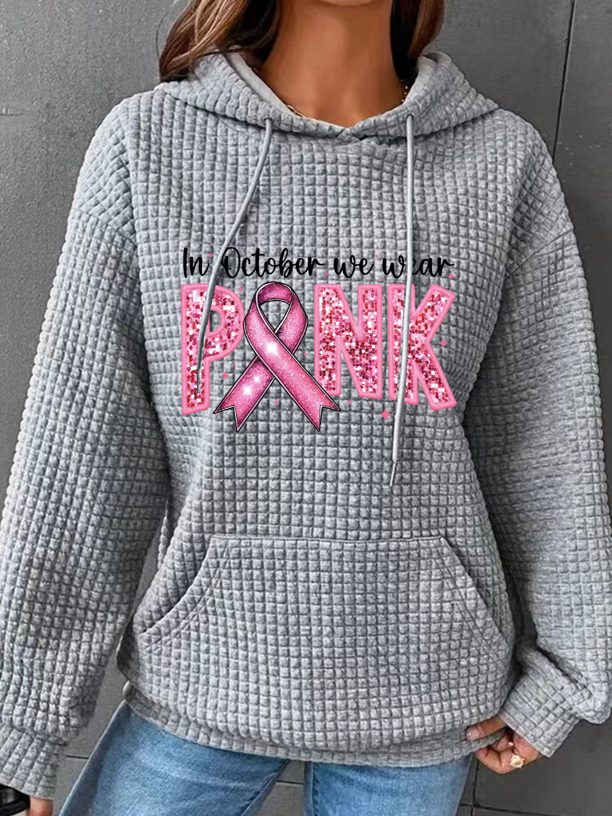 In October We Wear Pink Embroidery Breast Cancer Awareness Simple Loose Hoodie