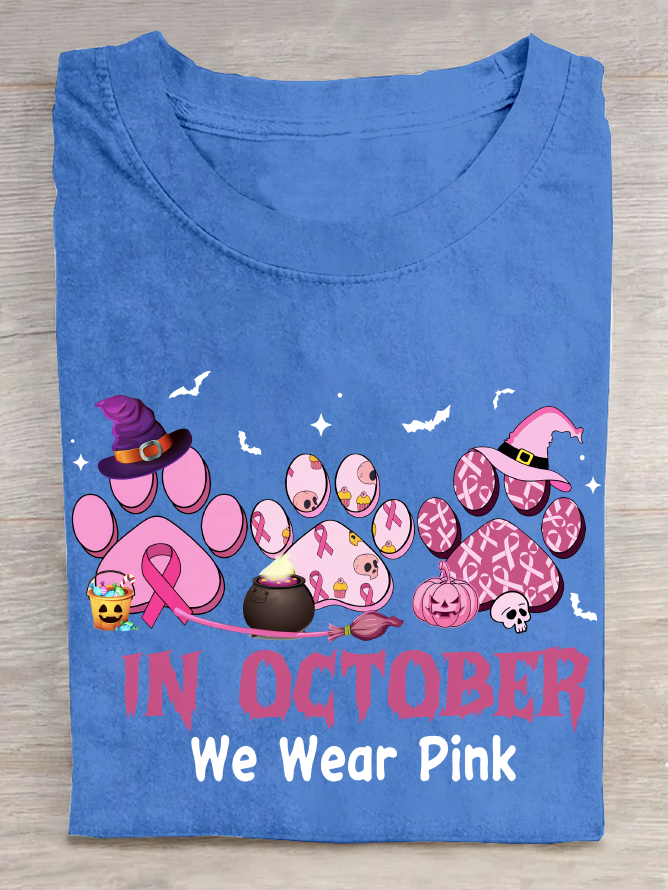 In October We Wear Pink Halloween Fur Dogs Witch Breast Cancer Awareness Cotton T-Shirt