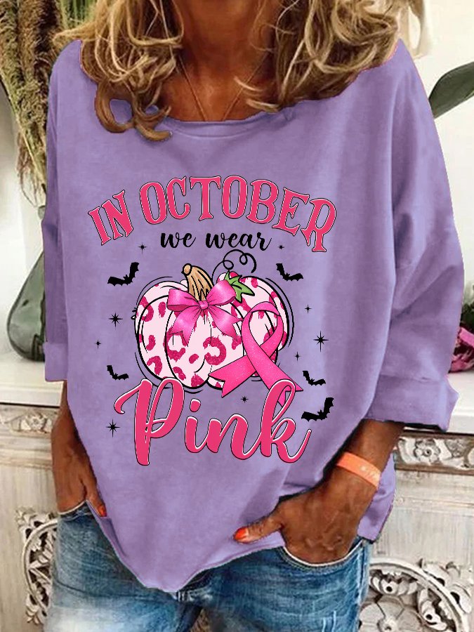 In October We Wear Pink Retro Breast Cancer Pumpkin Breast Cancer Awareness Casual Sweatshirt