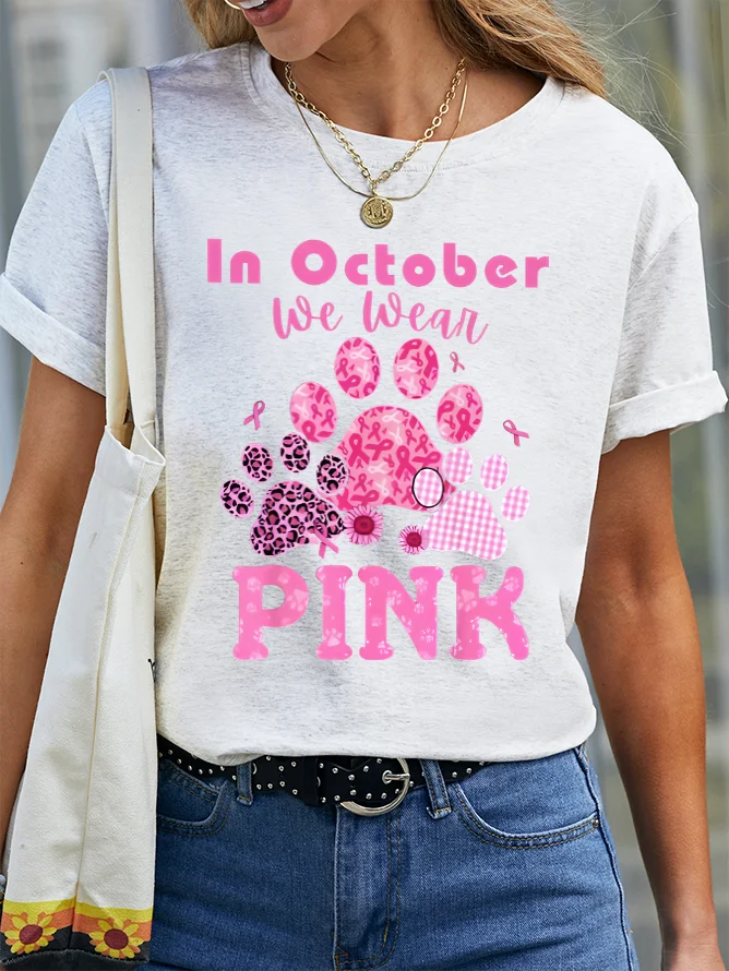 In October We Wear Pink Dog Cat Paw Breast Cancer Dog Paws Cotton T-Shirt