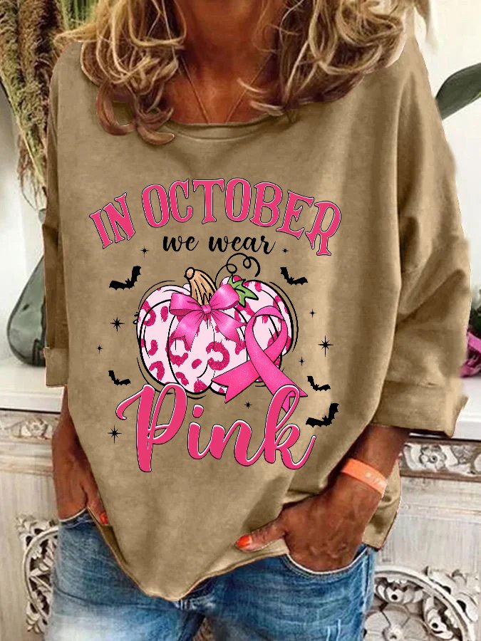 In October We Wear Pink Retro Breast Cancer Pumpkin Breast Cancer Awareness Casual Sweatshirt