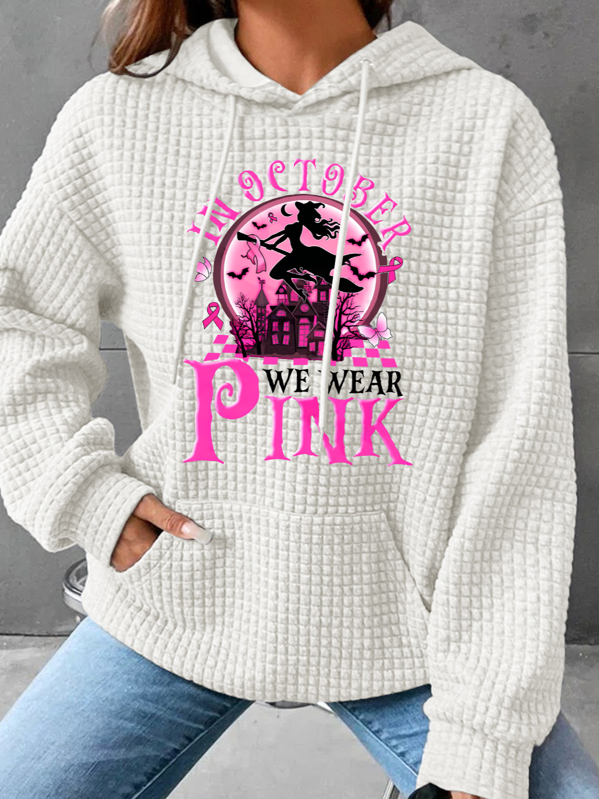 In October We Wear Pink Witch Breast Cancer Simple Loose Hoodie