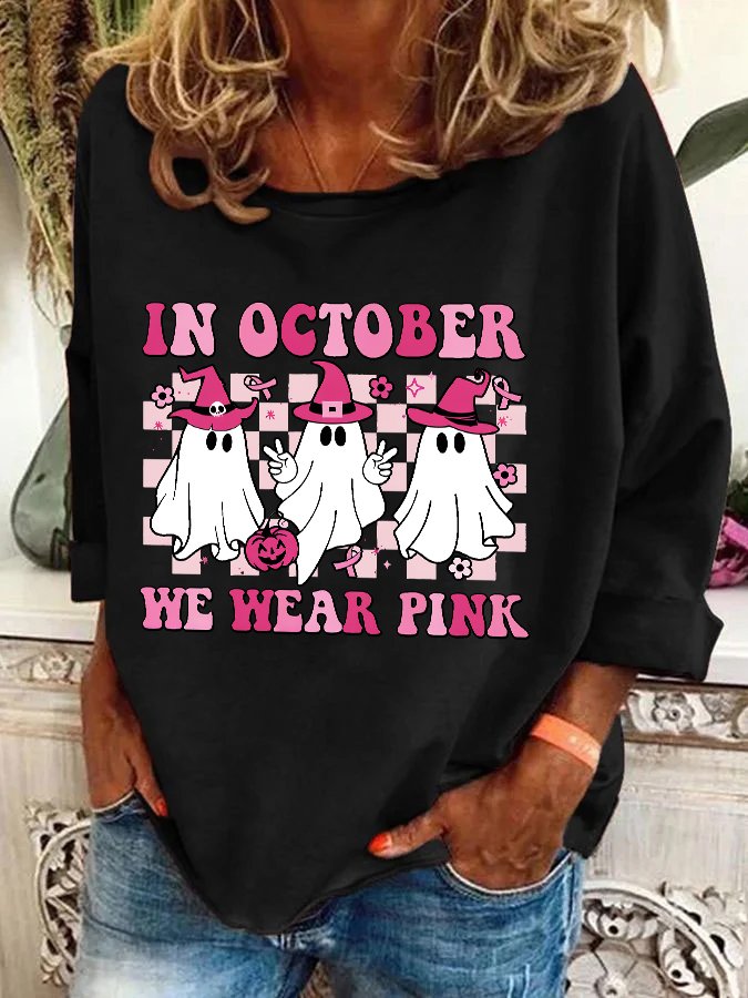 In October We Wear Pink Wizard Ghosts Breast Cancer Awareness Halloween Casual Sweatshirt