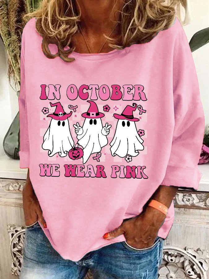 In October We Wear Pink Wizard Ghosts Breast Cancer Awareness Halloween Casual Sweatshirt