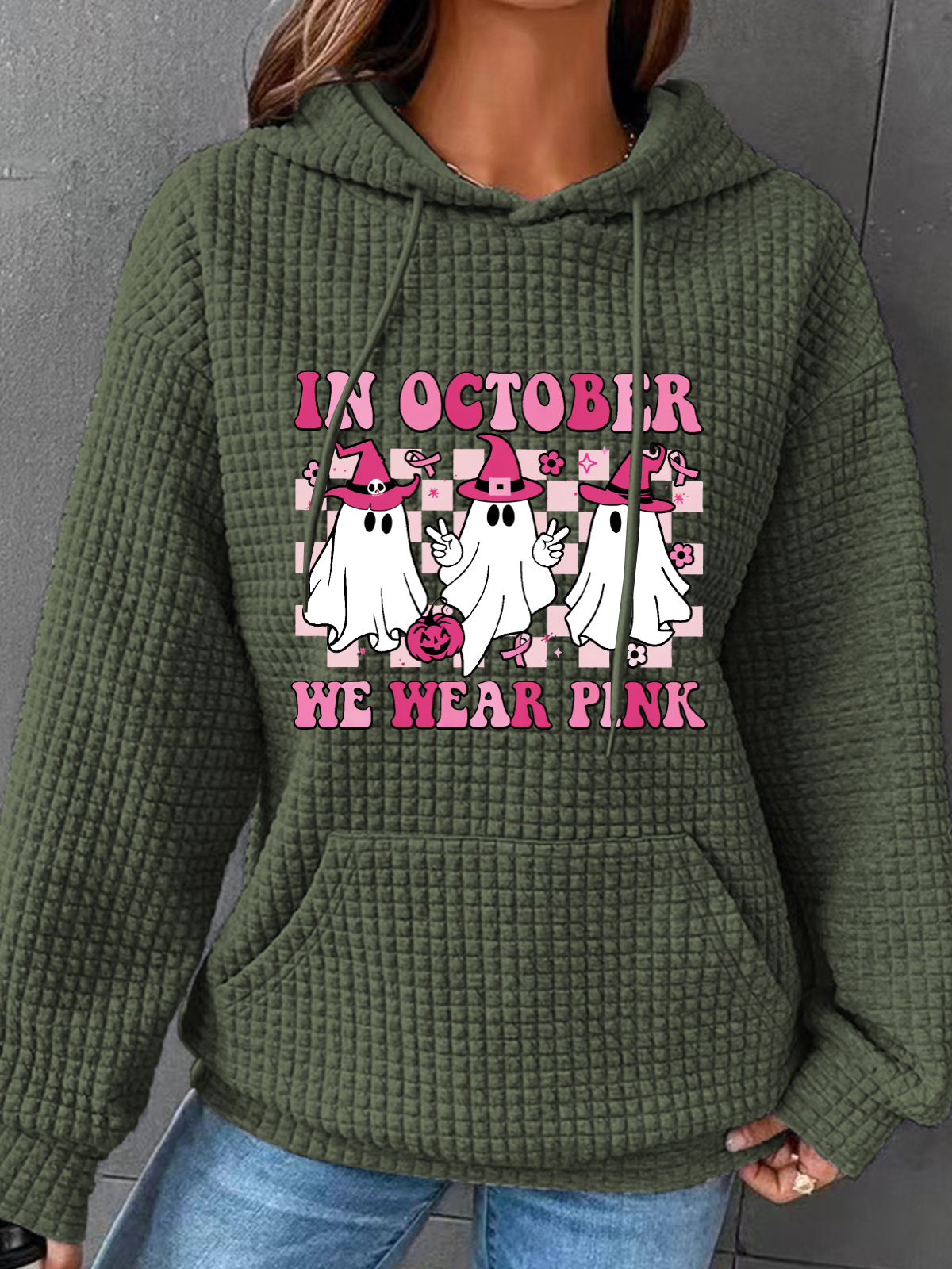 In October We Wear Pink Wizard Ghosts Breast Cancer Awareness Halloween Simple Loose Hoodie