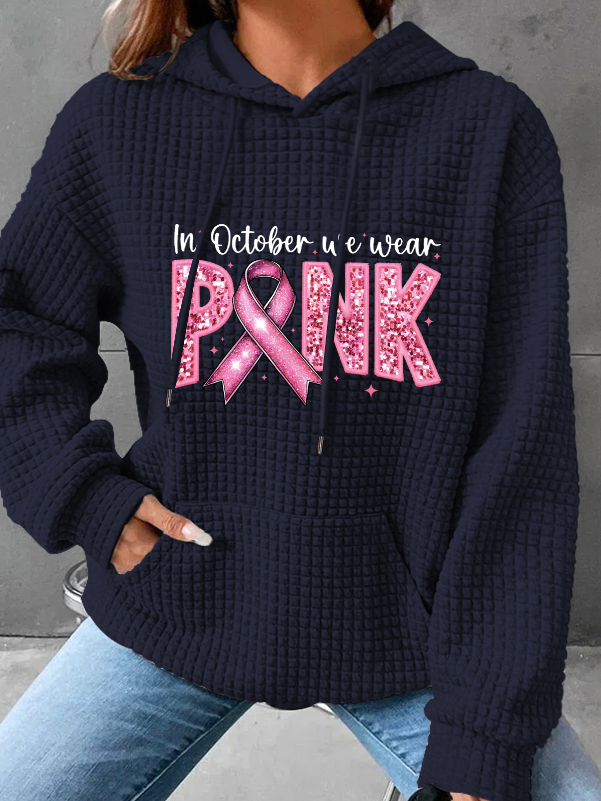 In October We Wear Pink Embroidery Breast Cancer Awareness Simple Loose Hoodie