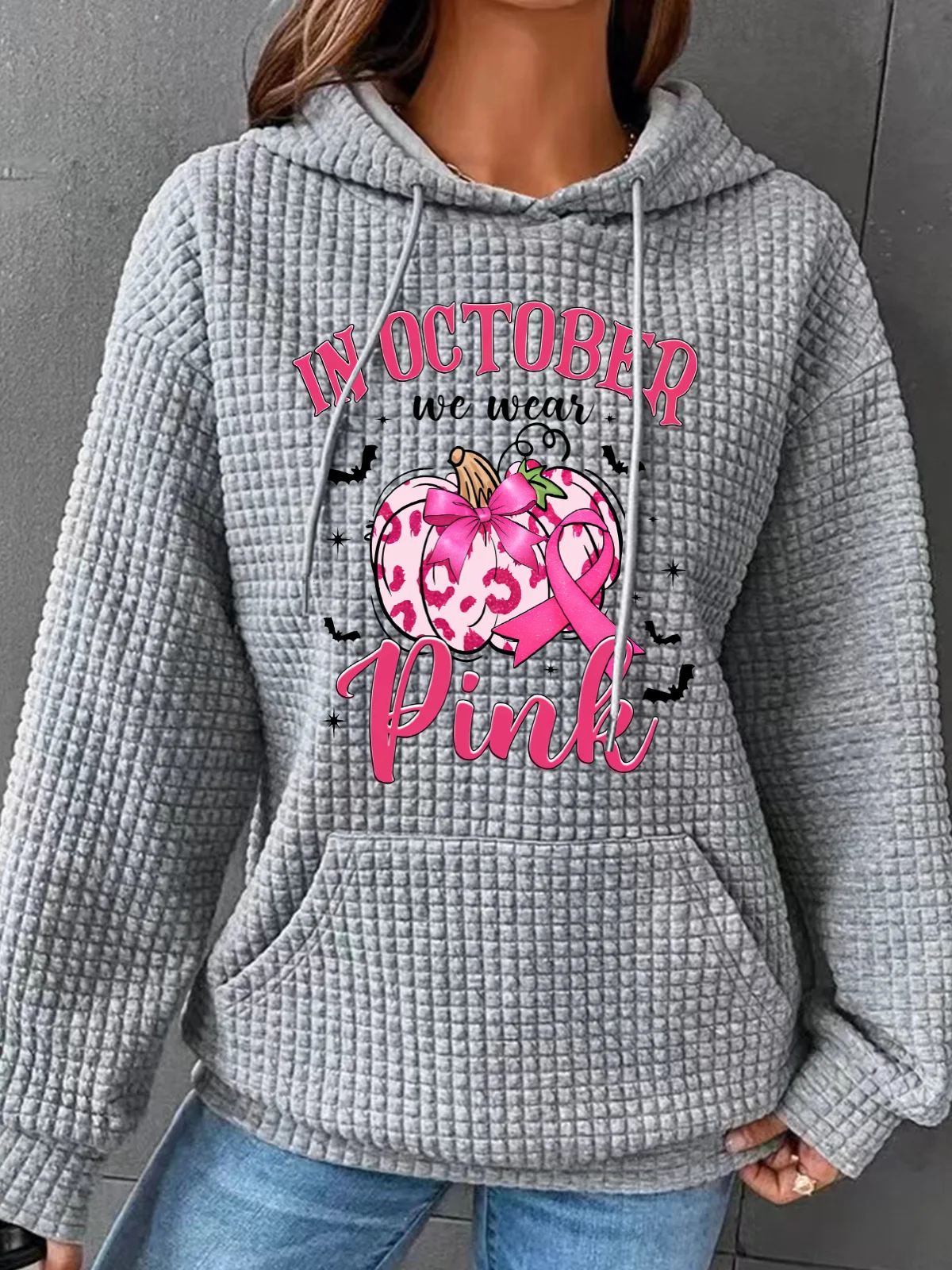 In October We Wear Pink Retro Breast Cancer Pumpkin Breast Cancer Awareness Simple Loose Hoodie