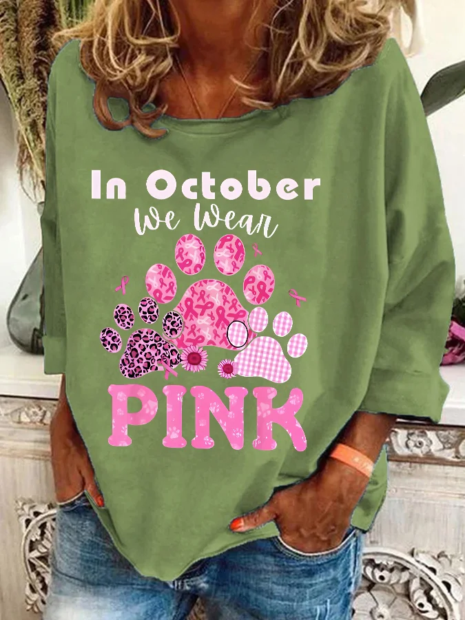 In October We Wear Pink Dog Cat Paw Breast Cancer Dog Paws Casual Sweatshirt