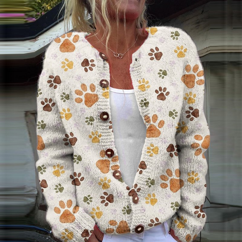 Dog paw print casual button knit cardigan