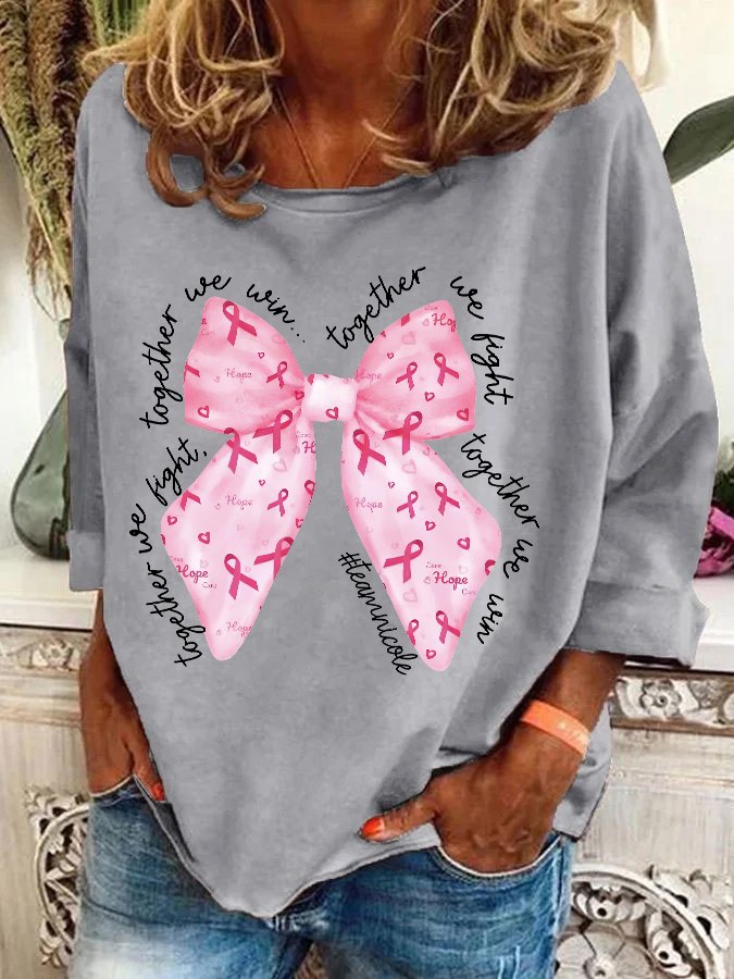 In October We Wear Pink Breast Cancer Awareness Together We Fight We Win Bow Coquette Casual Sweatshirt