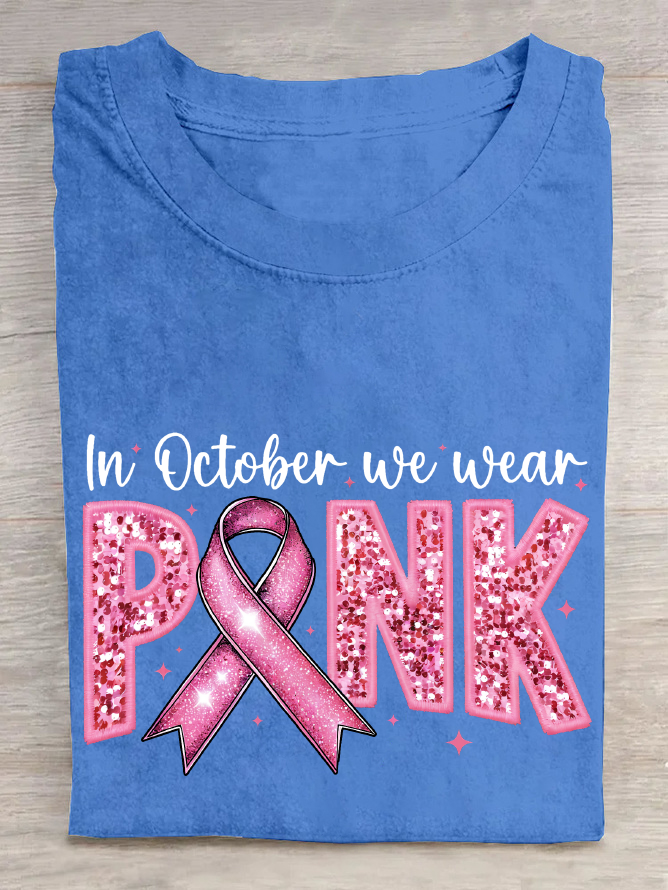 In October We Wear Pink Embroidery Breast Cancer Awareness Cotton T-Shirt