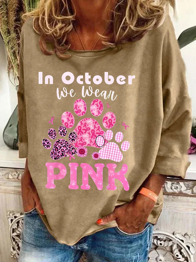 In October We Wear Pink Dog Cat Paw Breast Cancer Dog Paws Casual Sweatshirt