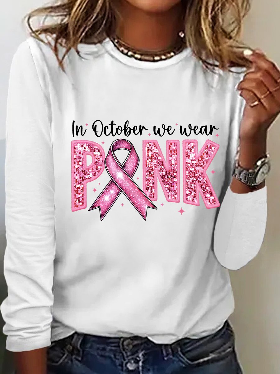 In October We Wear Pink Embroidery Breast Cancer Awareness Casual Long Sleeve Shirt