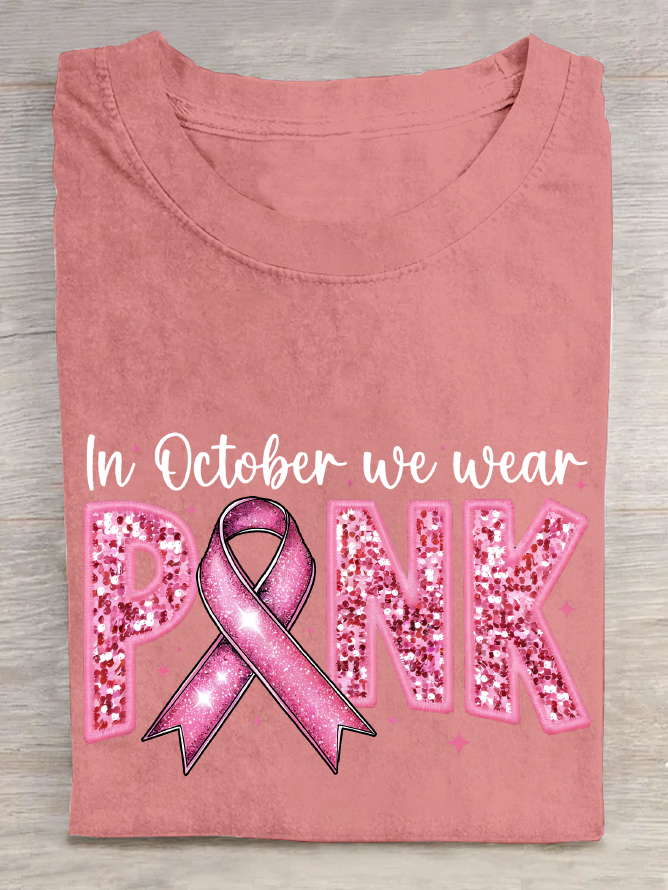 In October We Wear Pink Embroidery Breast Cancer Awareness Cotton T-Shirt