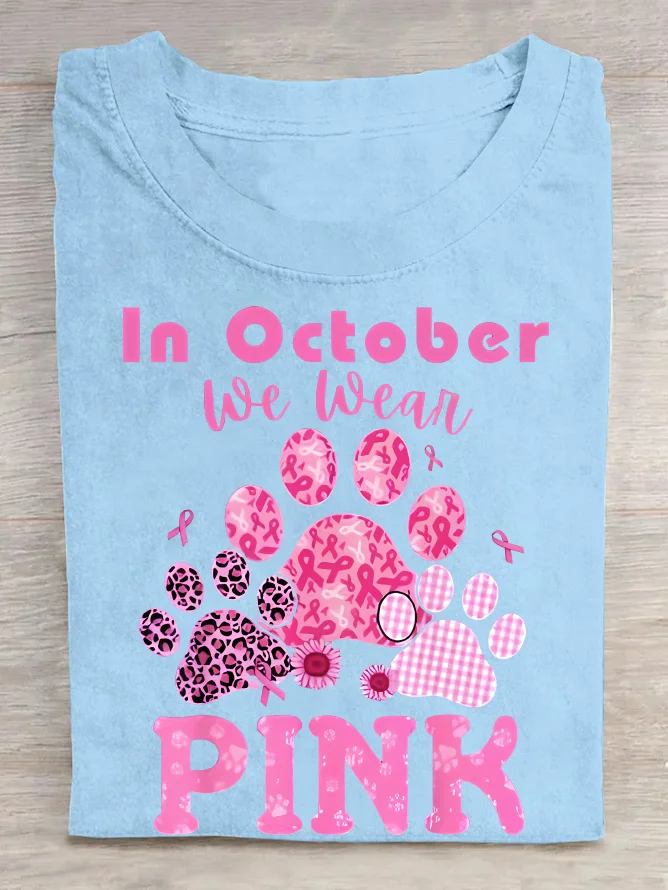 In October We Wear Pink Dog Cat Paw Breast Cancer Dog Paws Cotton T-Shirt