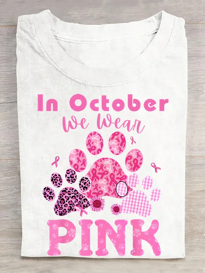 In October We Wear Pink Dog Cat Paw Breast Cancer Dog Paws Cotton T-Shirt