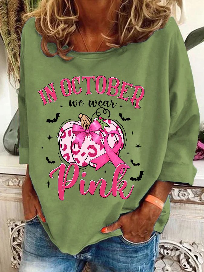 In October We Wear Pink Retro Breast Cancer Pumpkin Breast Cancer Awareness Casual Sweatshirt