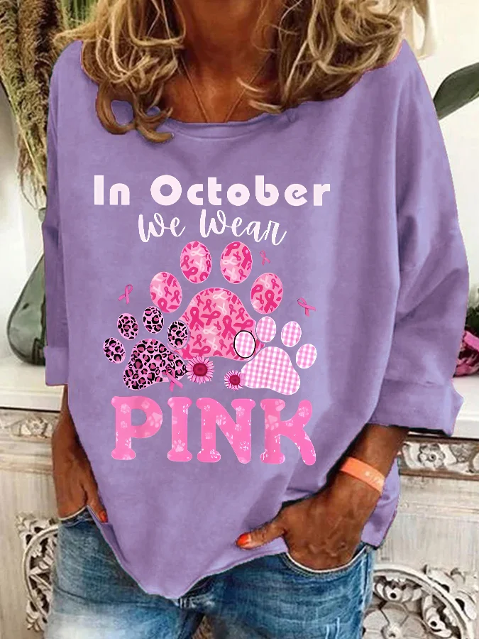 In October We Wear Pink Dog Cat Paw Breast Cancer Dog Paws Casual Sweatshirt