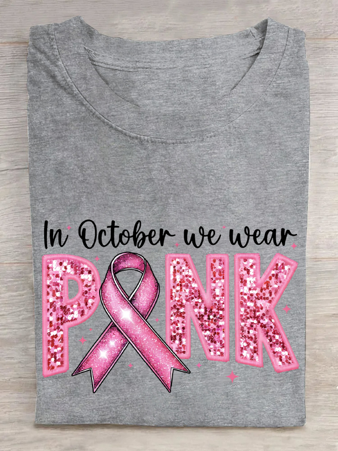 In October We Wear Pink Embroidery Breast Cancer Awareness Cotton T-Shirt