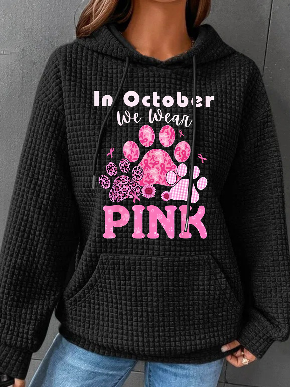 In October We Wear Pink Dog Cat Paw Breast Cancer Dog Paws Simple Loose Hoodie