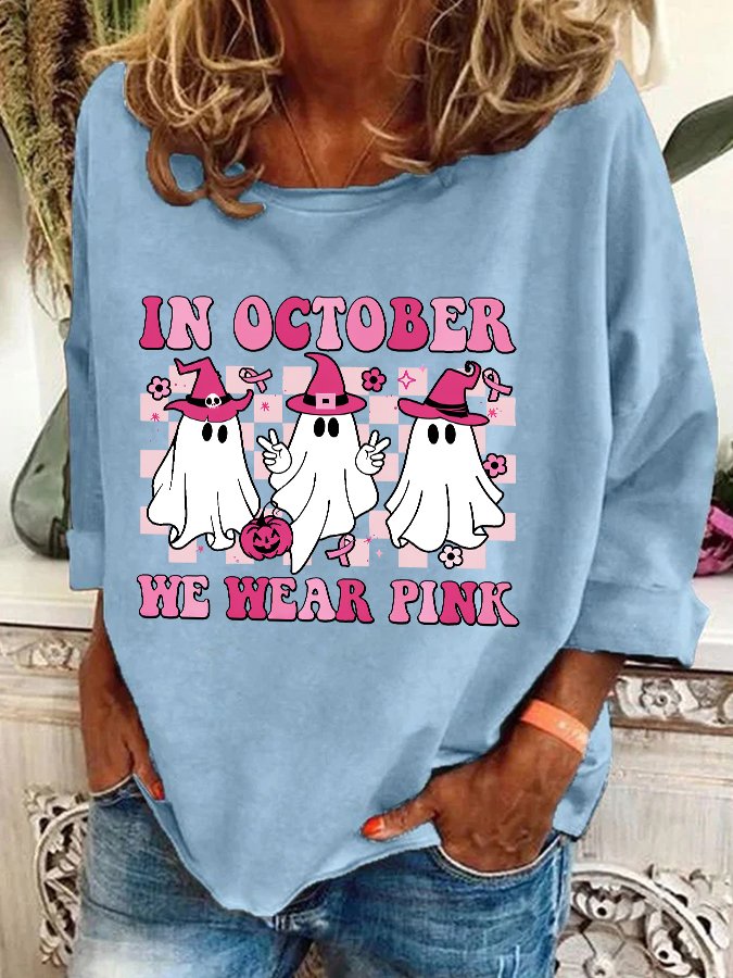 In October We Wear Pink Wizard Ghosts Breast Cancer Awareness Halloween Casual Sweatshirt