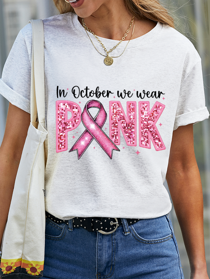 In October We Wear Pink Embroidery Breast Cancer Awareness Cotton T-Shirt