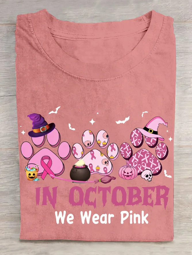 In October We Wear Pink Halloween Fur Dogs Witch Breast Cancer Awareness Cotton T-Shirt