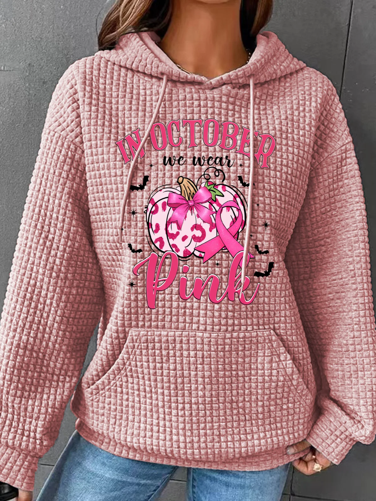 In October We Wear Pink Retro Breast Cancer Pumpkin Breast Cancer Awareness Simple Loose Hoodie