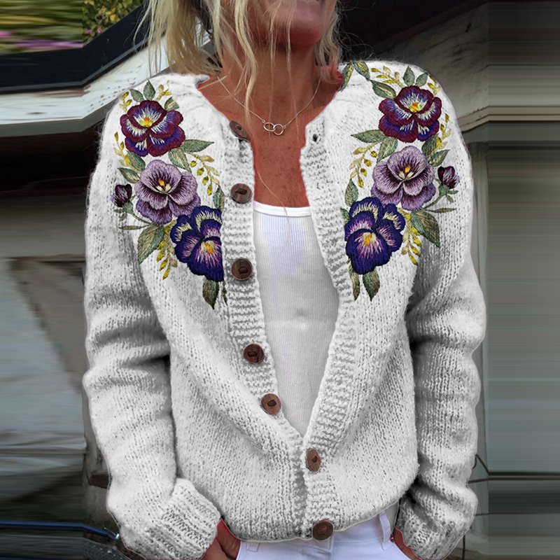 Vintage floral art knitted button cardigan