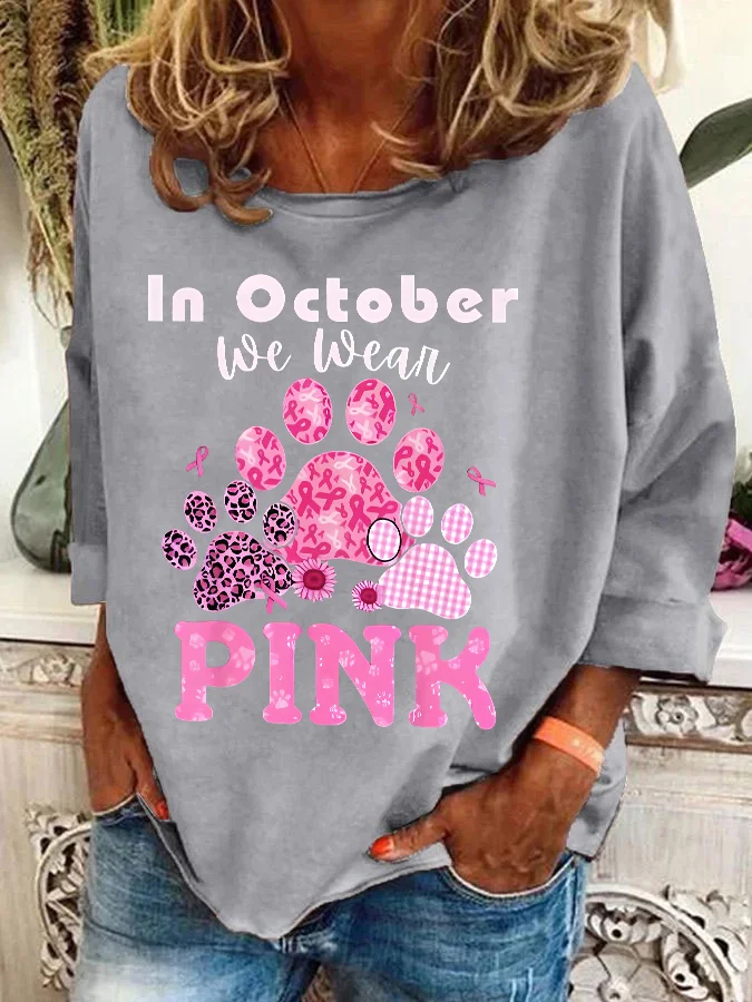 In October We Wear Pink Dog Cat Paw Breast Cancer Dog Paws Casual Sweatshirt