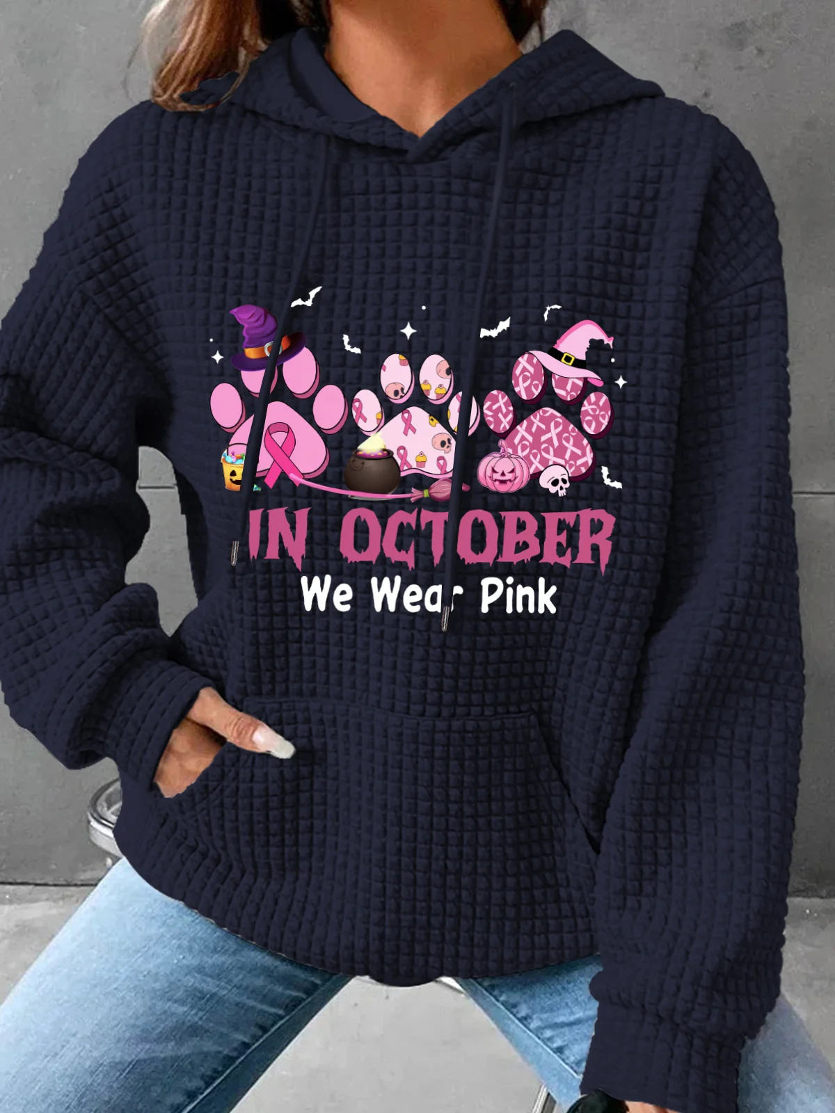 In October We Wear Pink Halloween Fur Dogs Witch Breast Cancer Awareness Simple Loose Hoodie