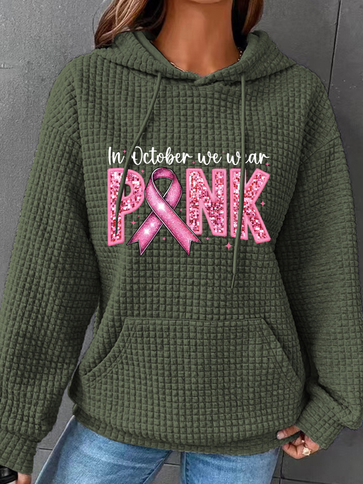 In October We Wear Pink Embroidery Breast Cancer Awareness Simple Loose Hoodie