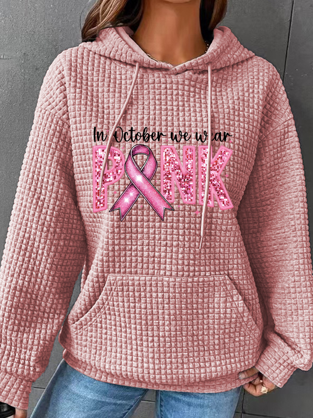 In October We Wear Pink Embroidery Breast Cancer Awareness Simple Loose Hoodie