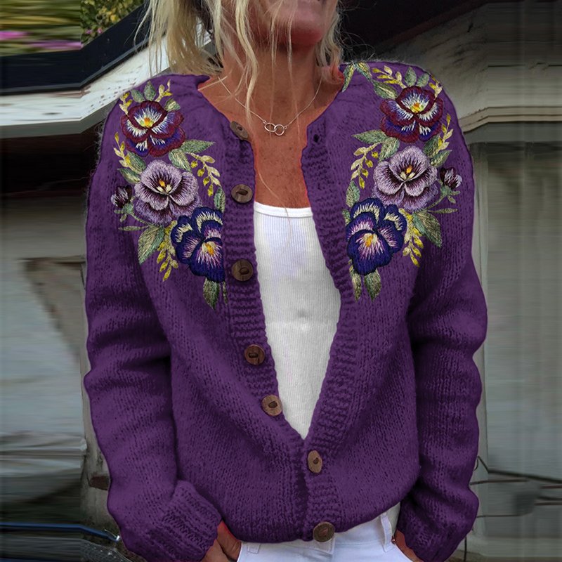 Vintage floral art knitted button cardigan