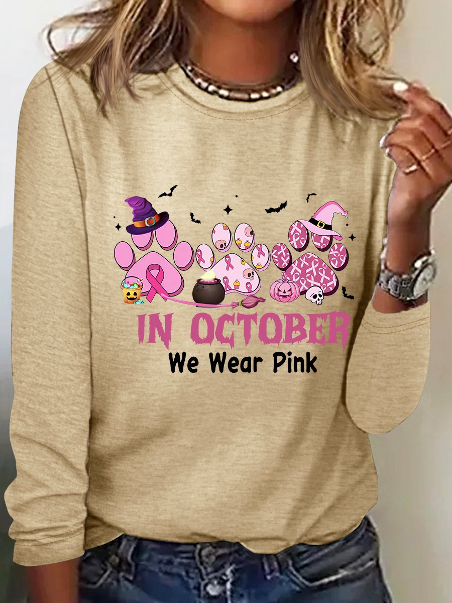 In October We Wear Pink Halloween Fur Dogs Witch Breast Cancer Awareness Casual Long Sleeve Shirt