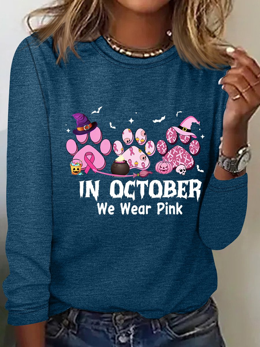 In October We Wear Pink Halloween Fur Dogs Witch Breast Cancer Awareness Casual Long Sleeve Shirt