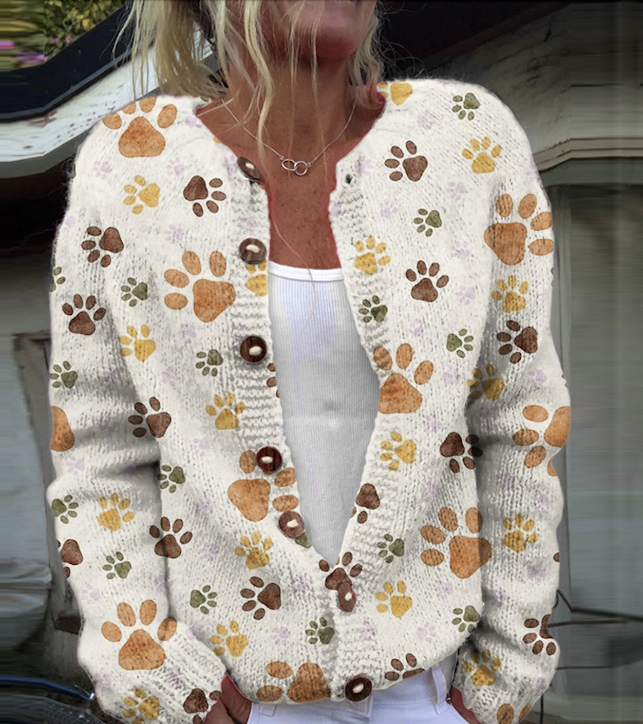 Dog paw print casual button knit cardigan