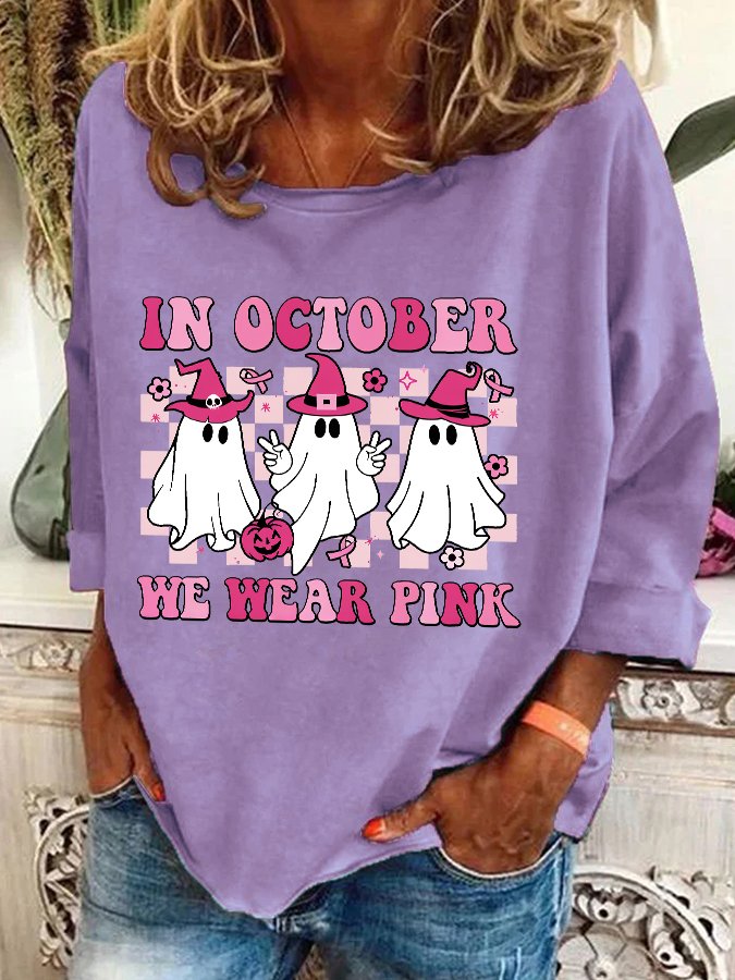 In October We Wear Pink Wizard Ghosts Breast Cancer Awareness Halloween Casual Sweatshirt