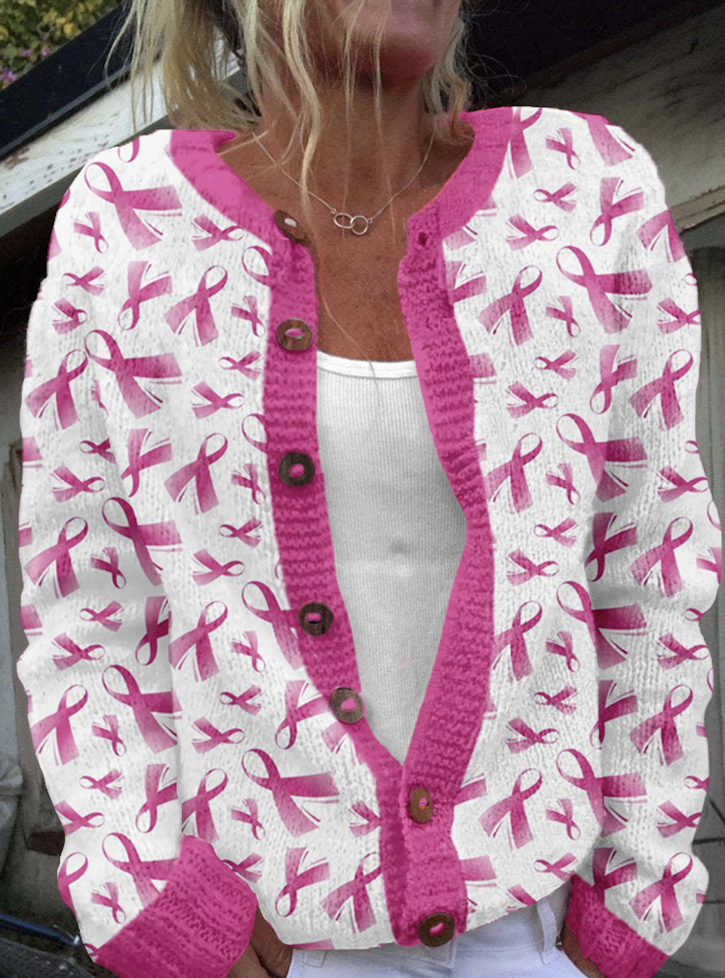 Breast Cancer Pink Ribbon Button Knit Cardigan