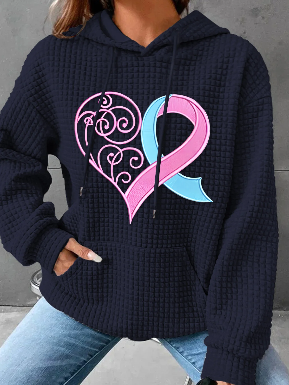 Pink Breast Cancer Heart Simple Loose Hoodie