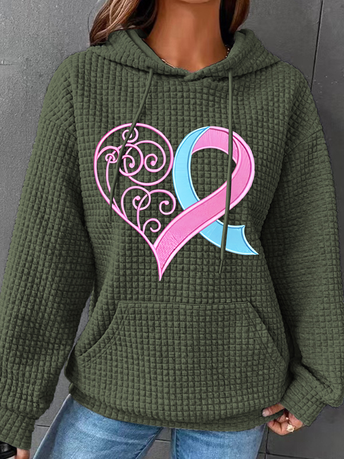 Pink Breast Cancer Heart Simple Loose Hoodie