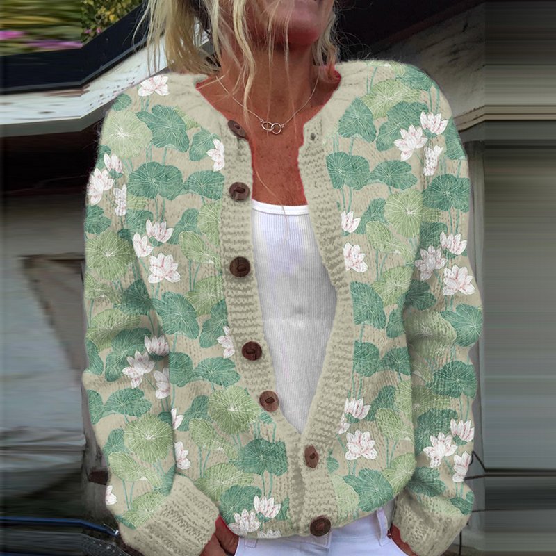 Vintage Water Lily Art Knitted Sweater Cardigan