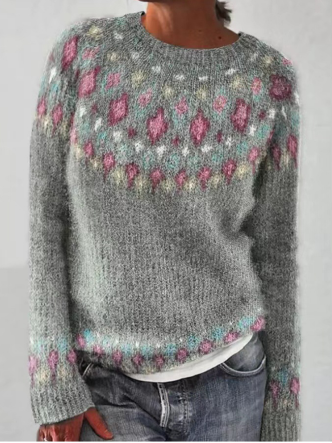 Casual Crew Neck Loose Ethnic Geometry Sweater