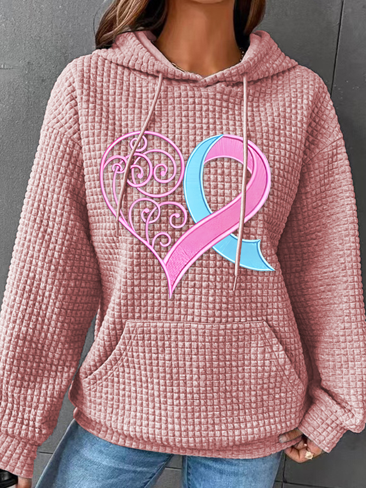 Pink Breast Cancer Heart Simple Loose Hoodie