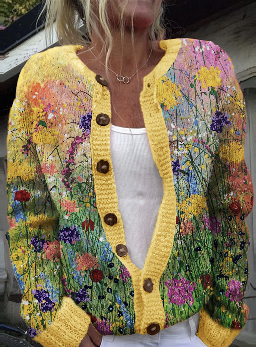 Retro plant flower button sweater cardigan