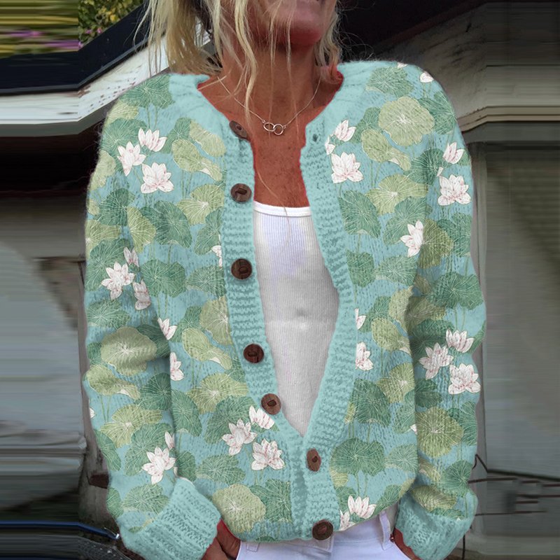 Vintage Water Lily Art Knitted Sweater Cardigan