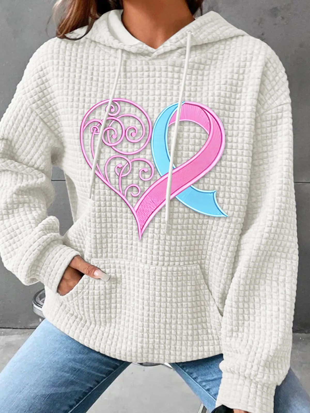 Pink Breast Cancer Heart Simple Loose Hoodie