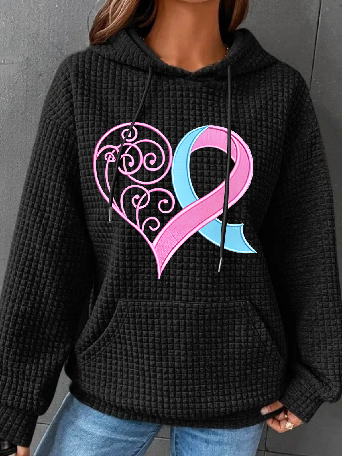 Pink Breast Cancer Heart Simple Loose Hoodie